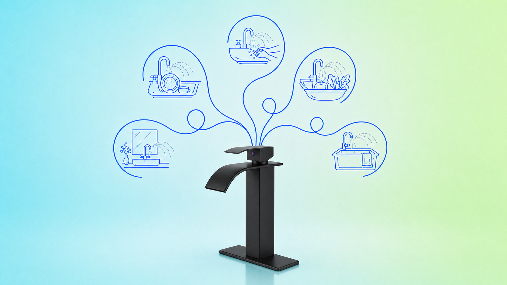 Matte black waterfall faucet for bathroom, vessel, vanity and utility sinks