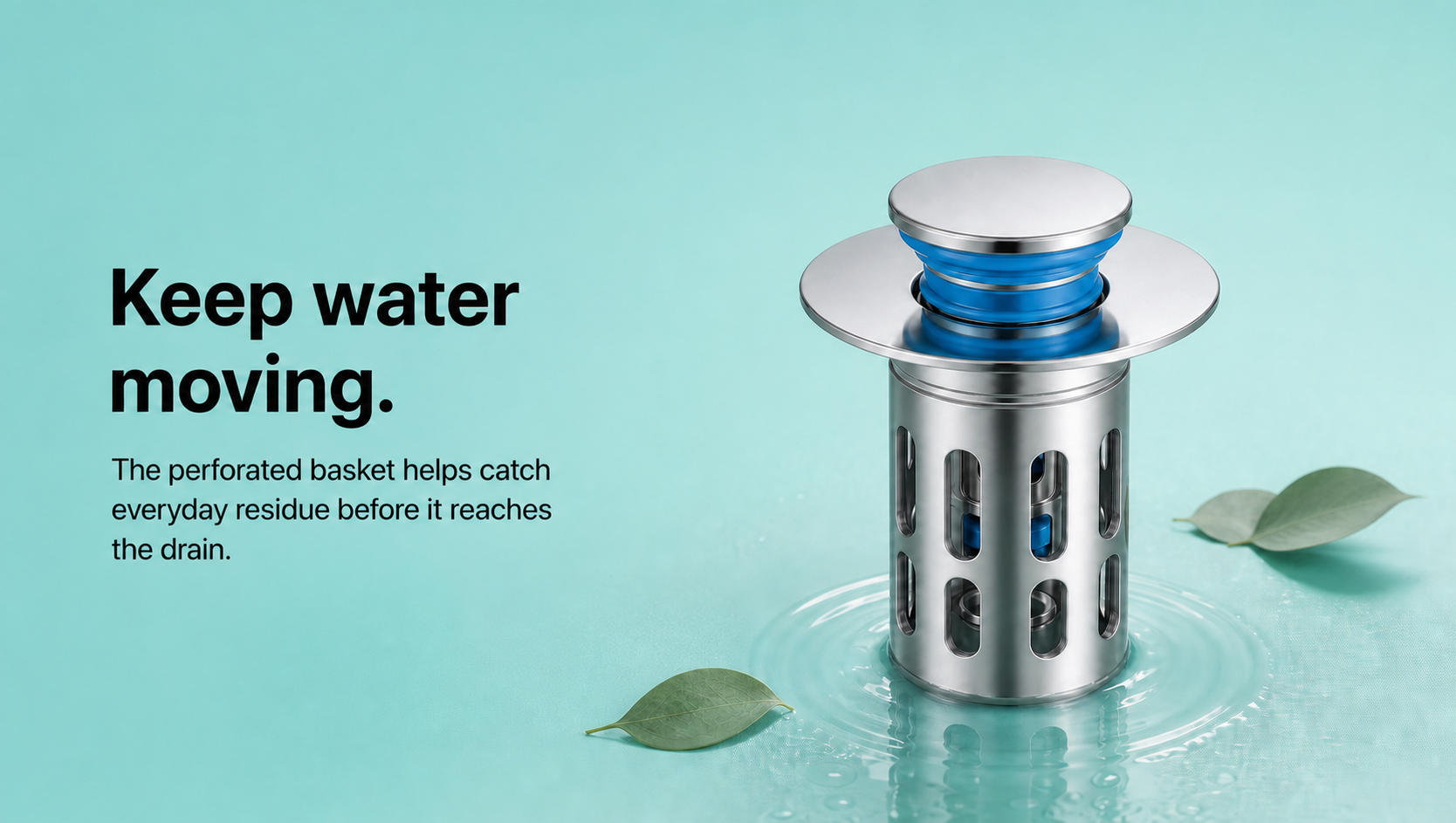 Keep water moving — pop-up sink drain stopper with perforated debris basket